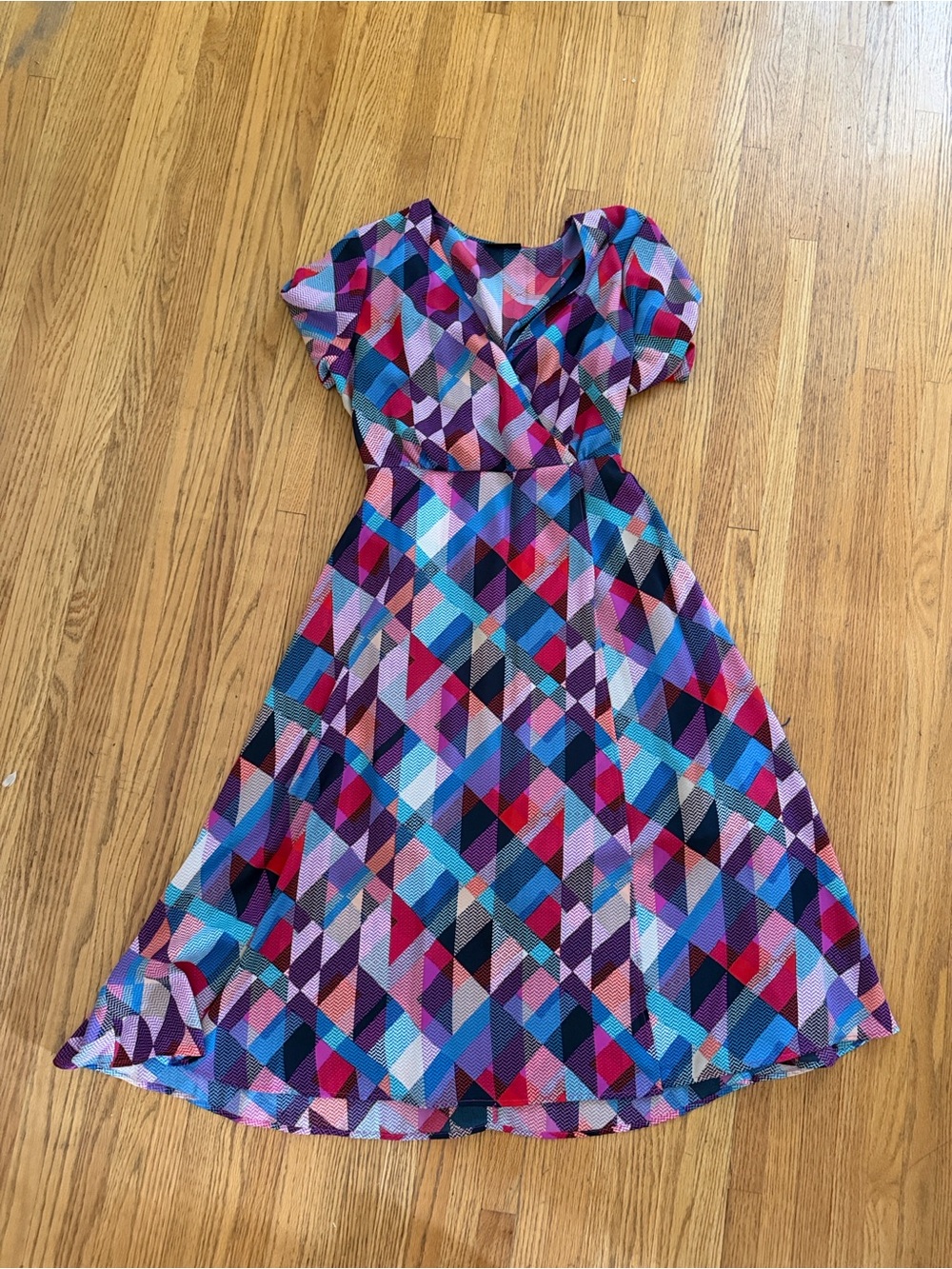 bobeau Multicolor Geometric Wrap Midi Dress - Blue, Purple, Pink, Black